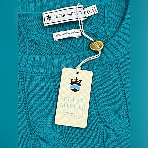 NWT Peter Millar XL 100% Cashmere Cable Knit Teal Super Soft Crewneck Sweater - Picture 6 of 13